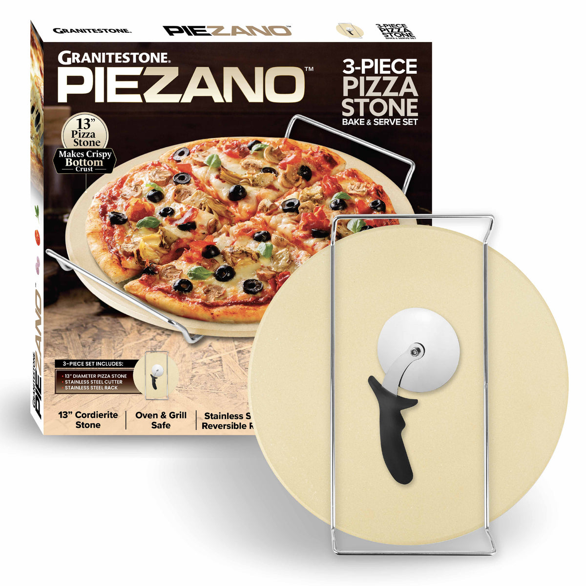 Piezano 3-Piece Pizza Stone Bake and Serve Set