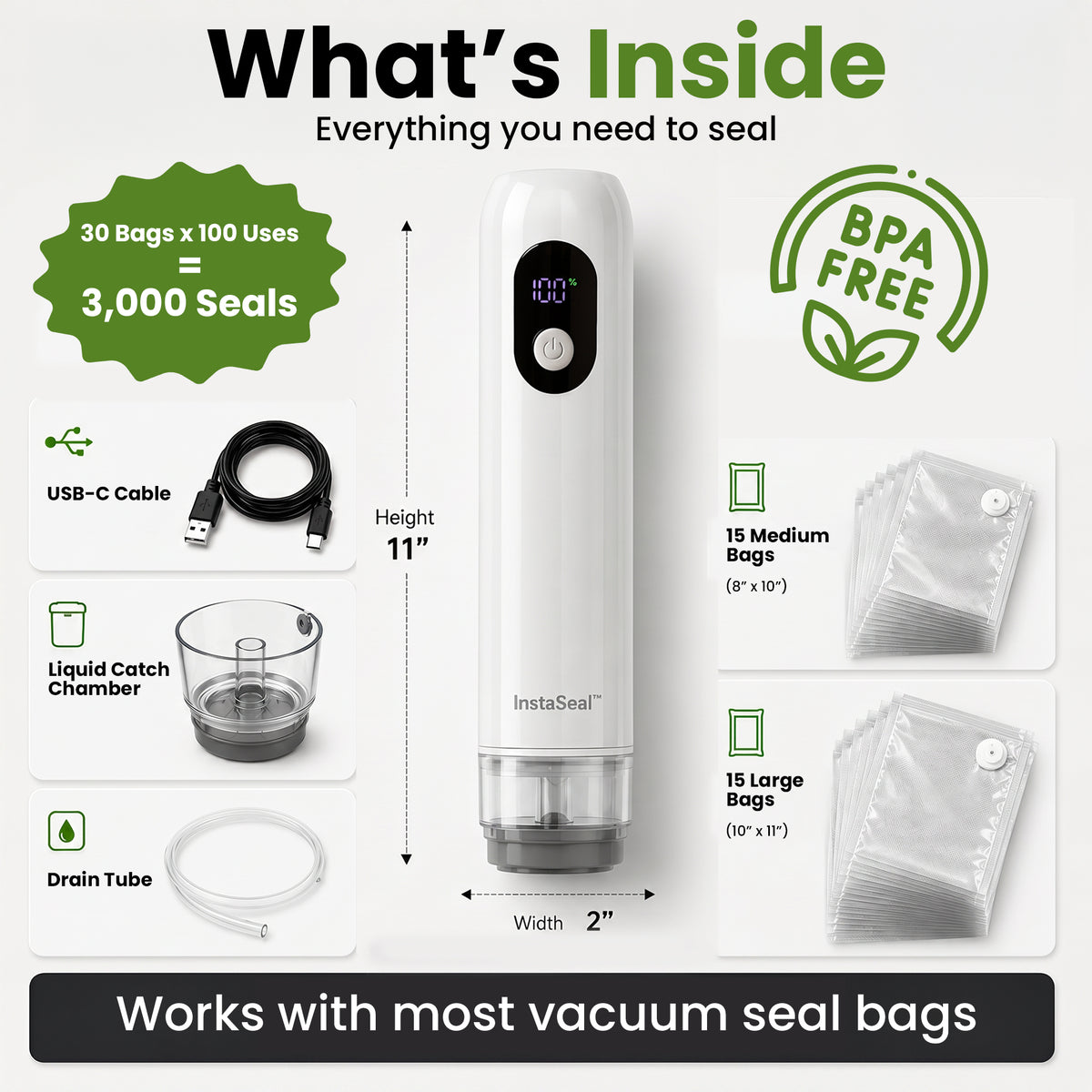 InstaSeal Hybrid Handheld Vacuum Sealer – Rechargeable Portable Food Vacuum Sealer with 30 Reusable BPA-Free Bags, USB-C Charging & Smart Auto Seal