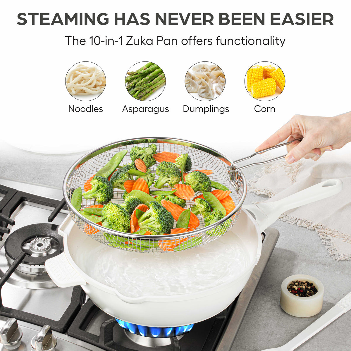 Granitestone 12" Zuka Pan – 6-Piece Multi-Functional Everyday Pan Set with Lid, Nylon Spoon & Steamer Basket
