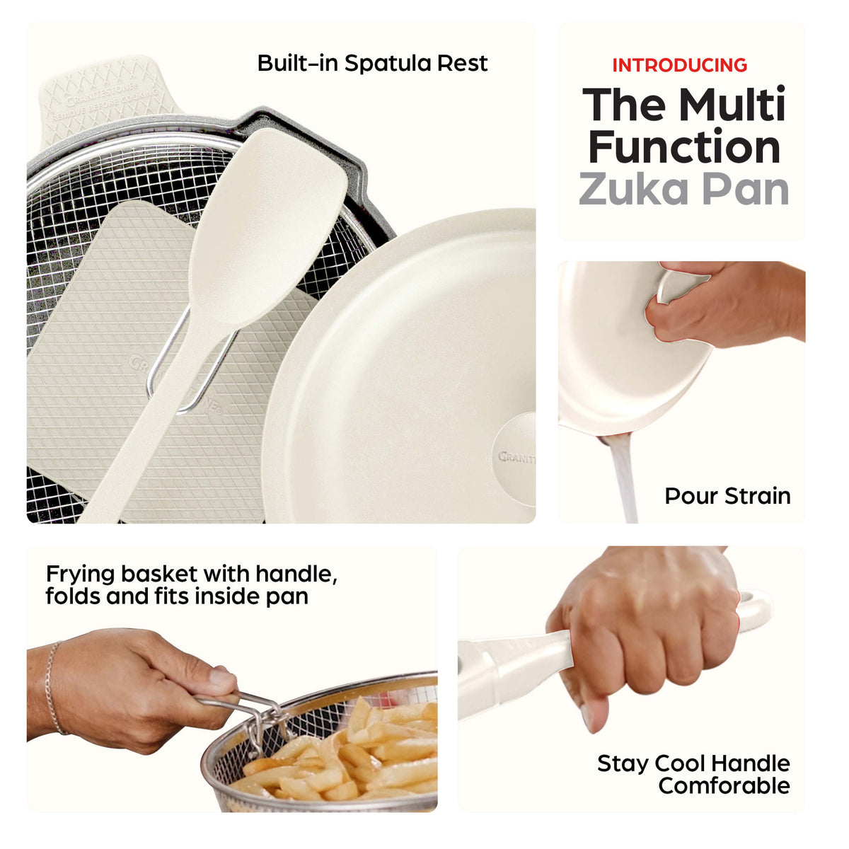 Granitestone 12" Zuka Pan – 6-Piece Multi-Functional Everyday Pan Set with Lid, Nylon Spoon & Steamer Basket