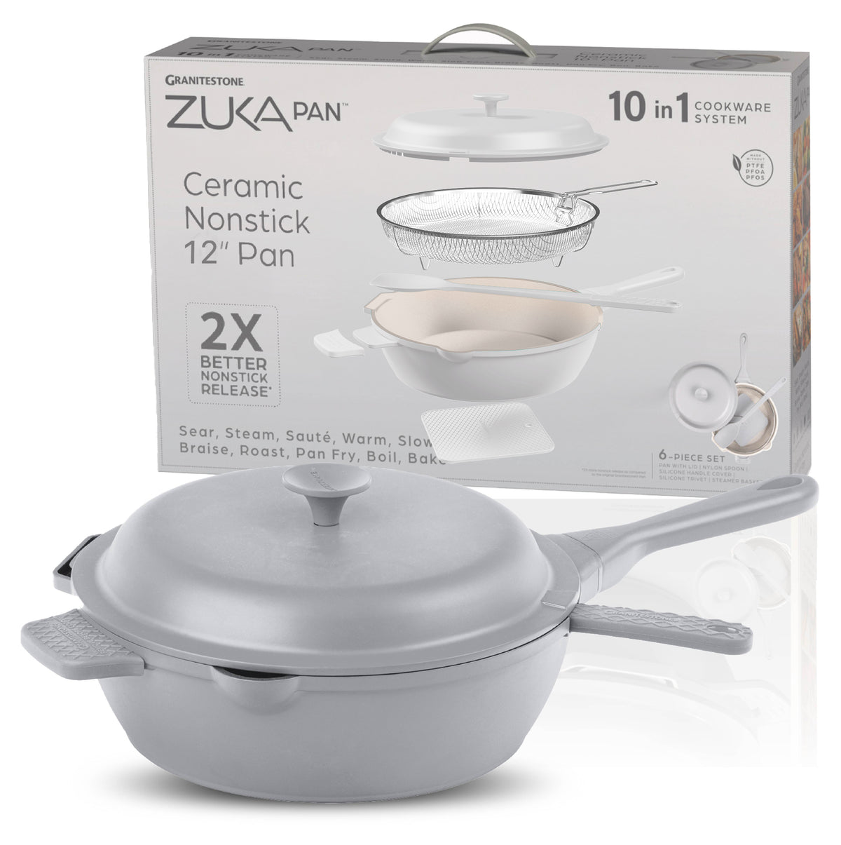 Granitestone 12" Zuka Pan – 6-Piece Multi-Functional Everyday Pan Set with Lid, Nylon Spoon & Steamer Basket
