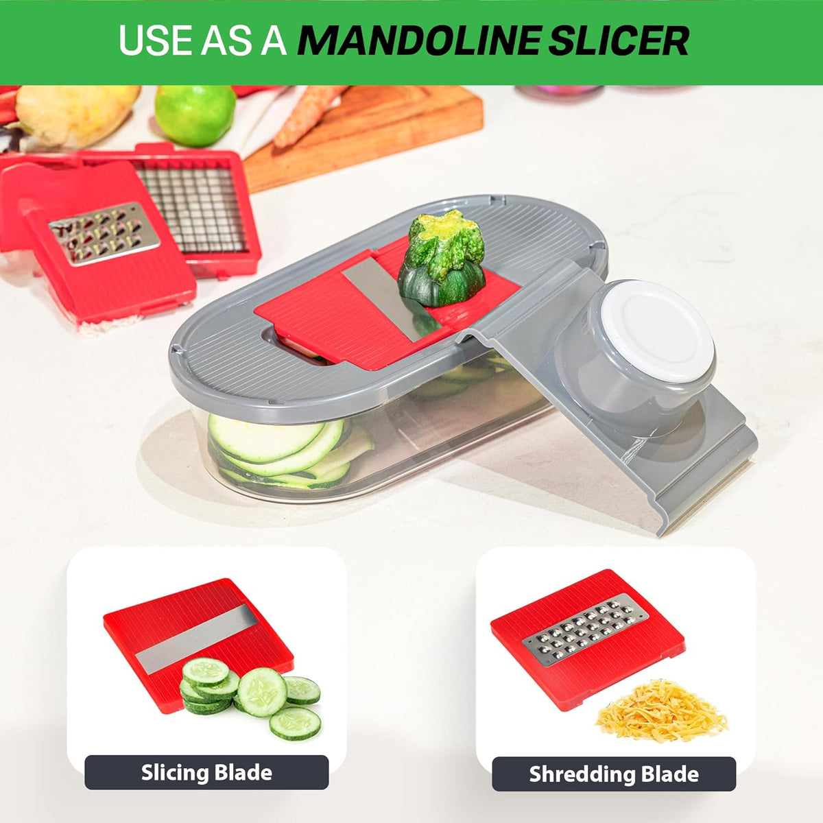Chopzilla All-in-1 Vegetable Chopper & Mandoline Slicer with Container, 4 Blades & Scraper – Sharp Veggie Cutter, Salad Dicer & Food Chopper