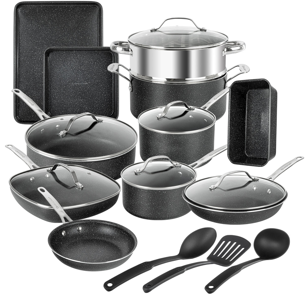 20-Piece EXPRESS SET, Ceramic Nonstick Pots and Pan Set, Bakeware, Utensils, Frying Pan, Stock Pot, Steamer, Stainless Steel Handles