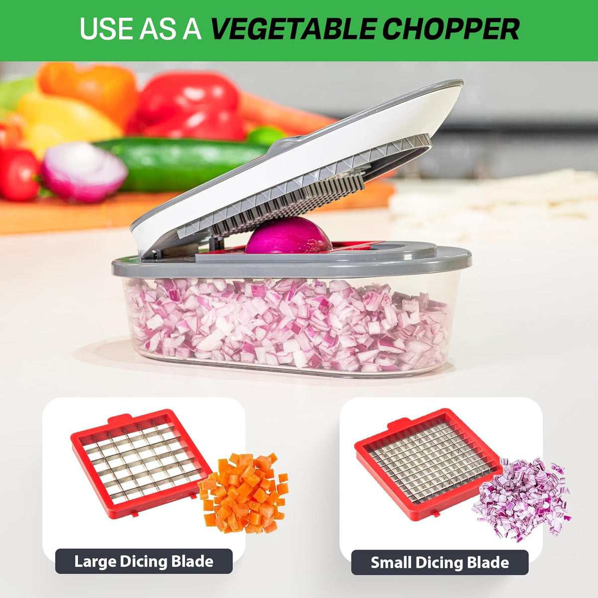 Chopzilla All-in-1 Vegetable Chopper & Mandoline Slicer with Container, 4 Blades & Scraper – Sharp Veggie Cutter, Salad Dicer & Food Chopper