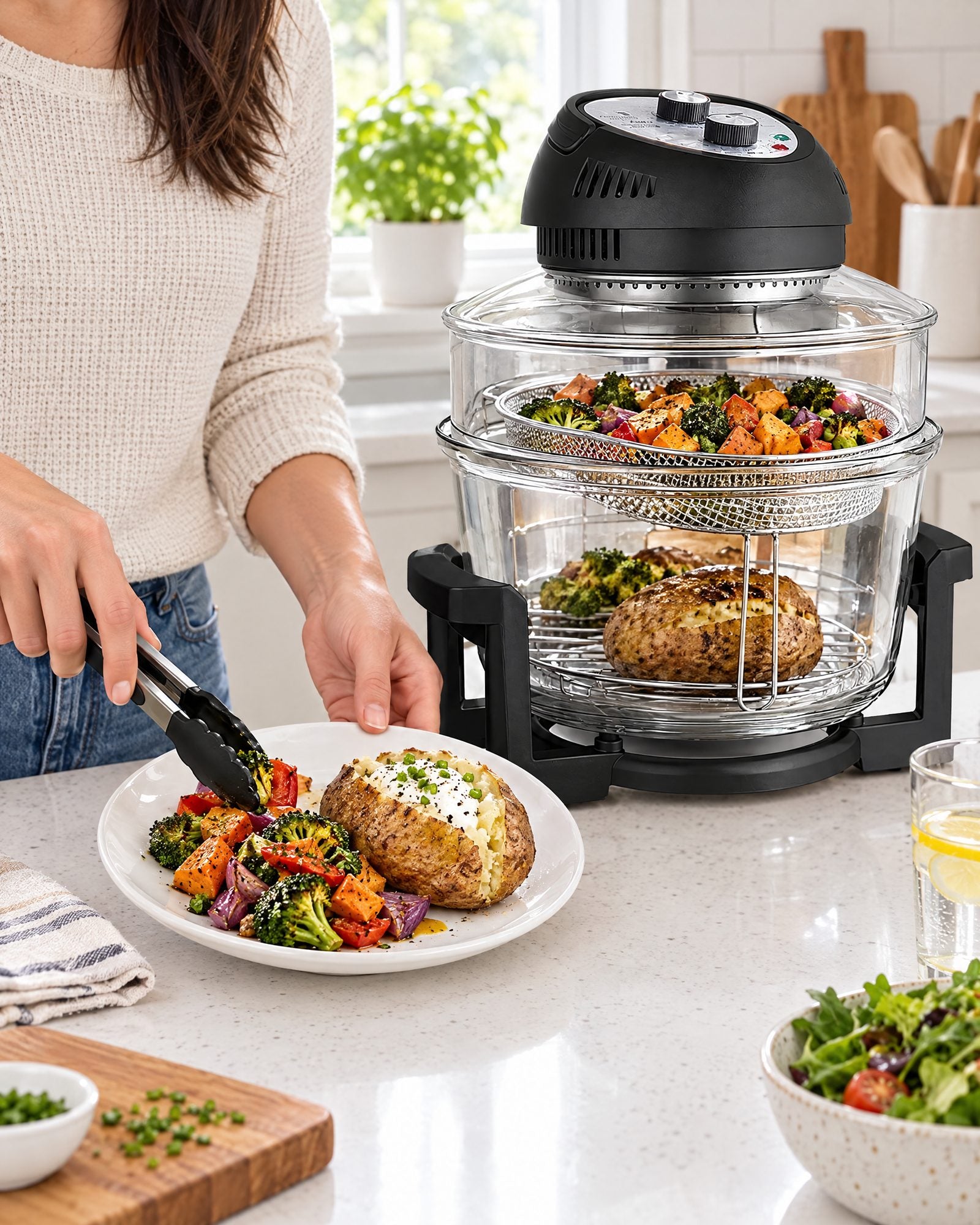 A healthy dinner plated from the air fryer
