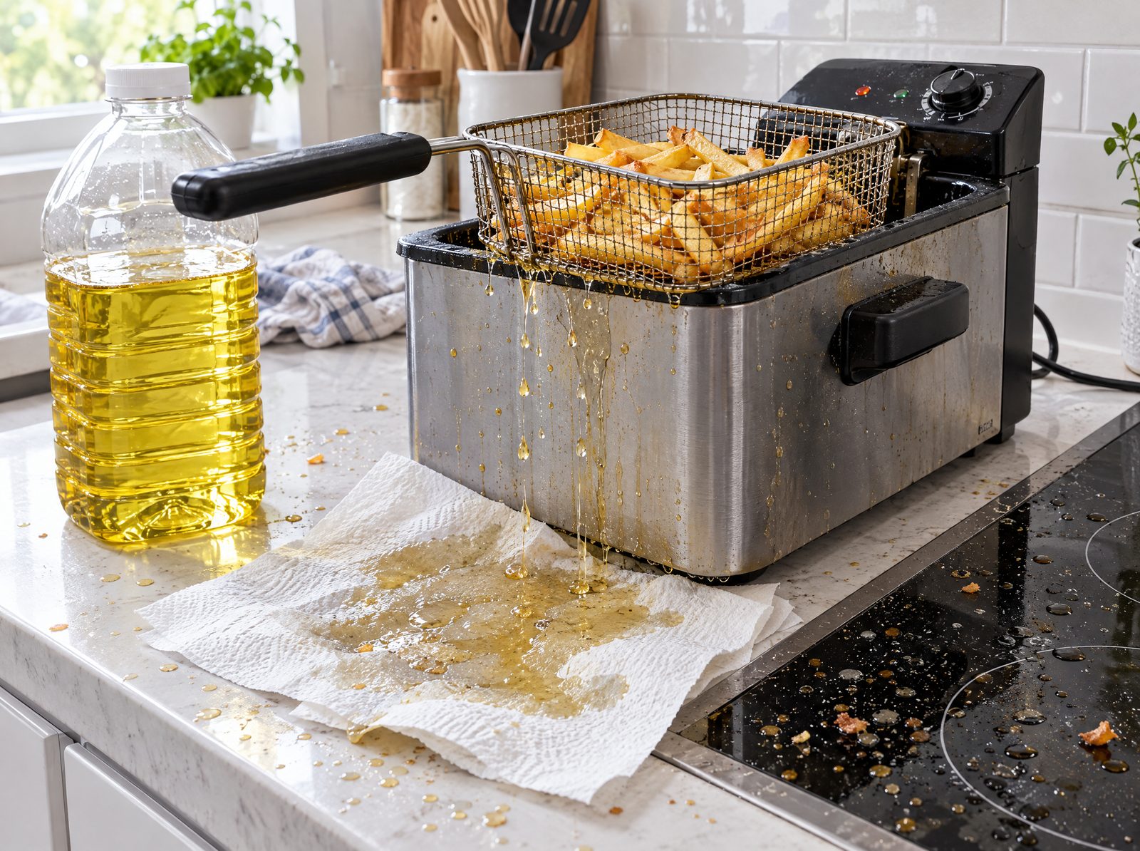 A deep fryer dripping oil onto a soaked paper towel