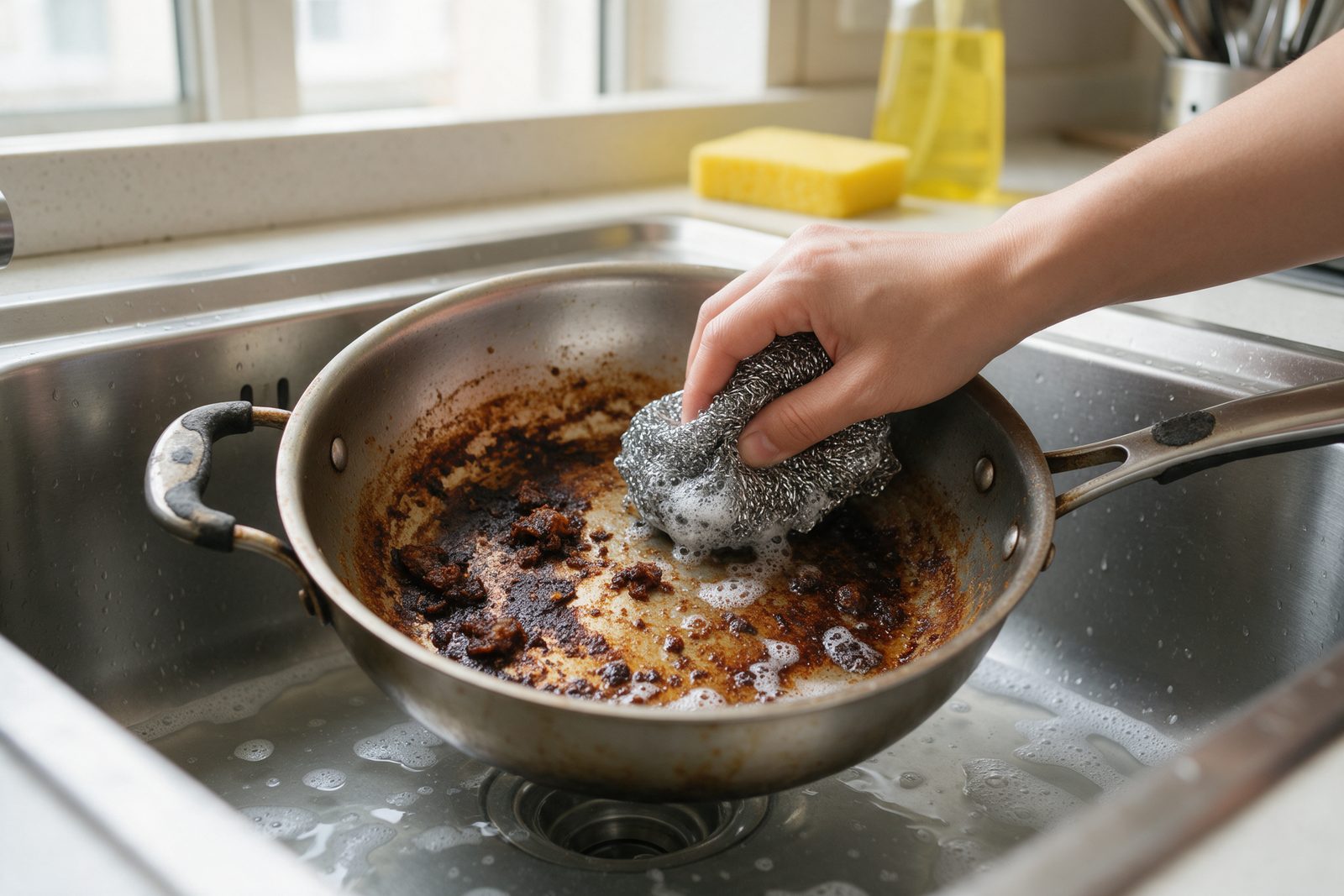Scrubbing burnt food off a stainless steel pan