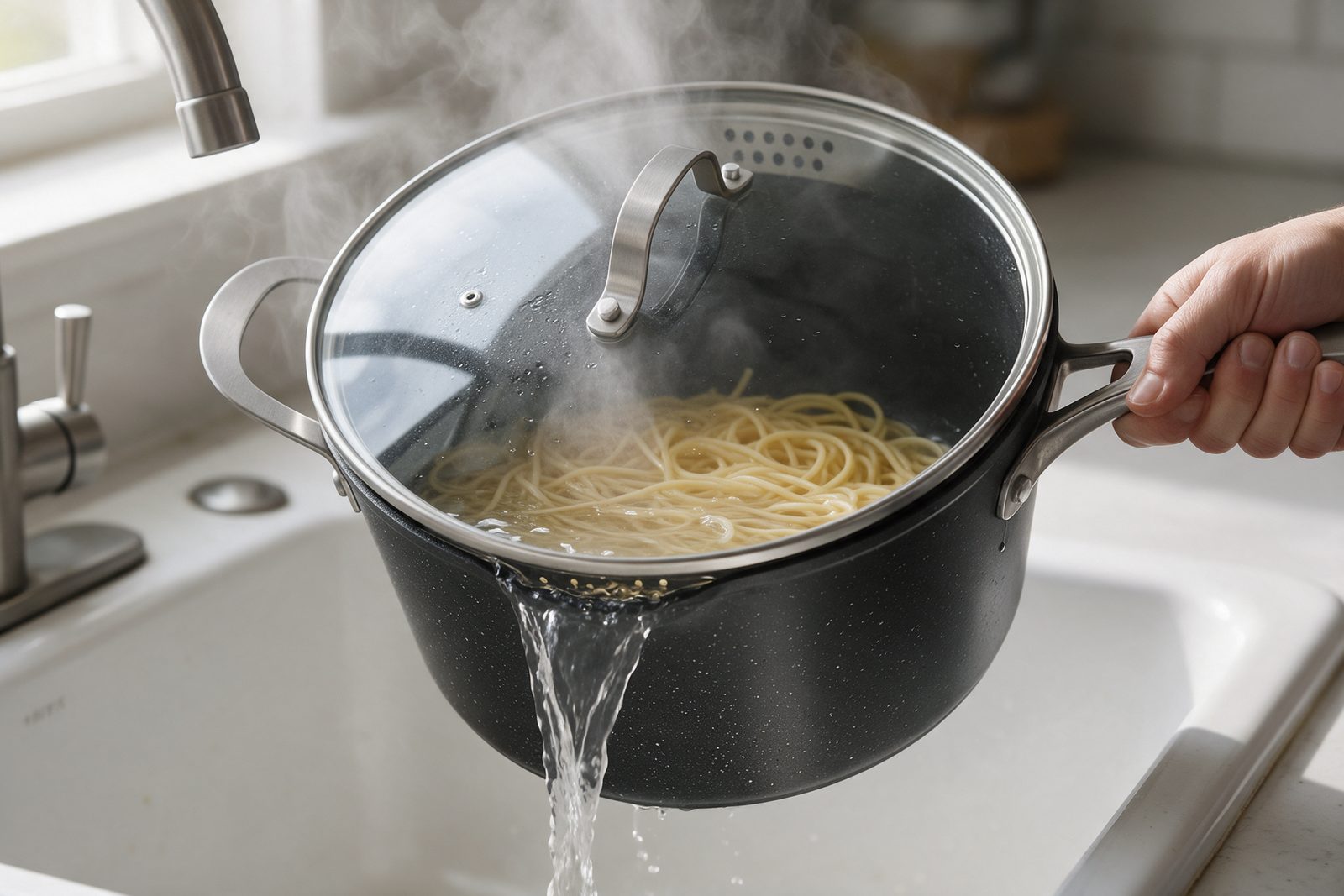 Draining pasta through an Armor Max strainer lid