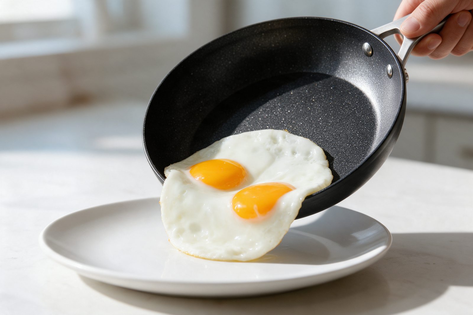 Fried eggs sliding out of an Armor Max pan