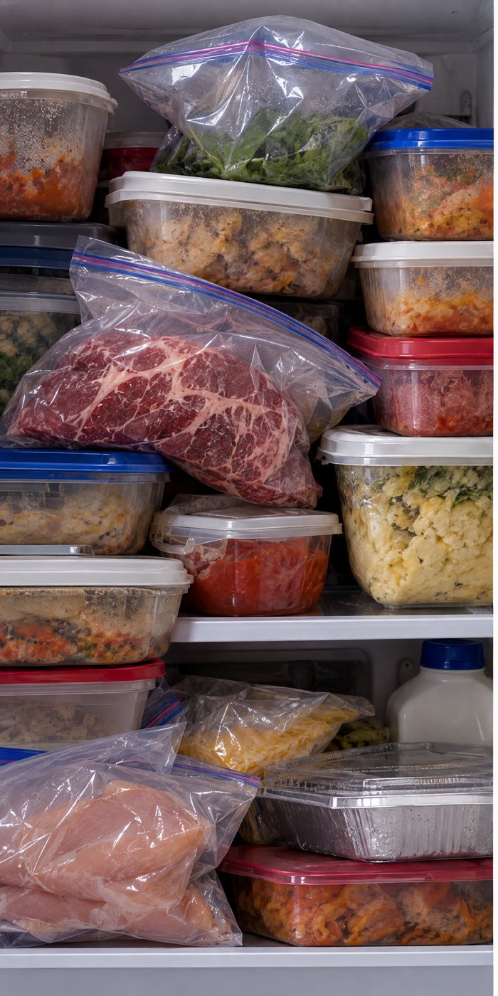 Crowded fridge shelf of plastic containers