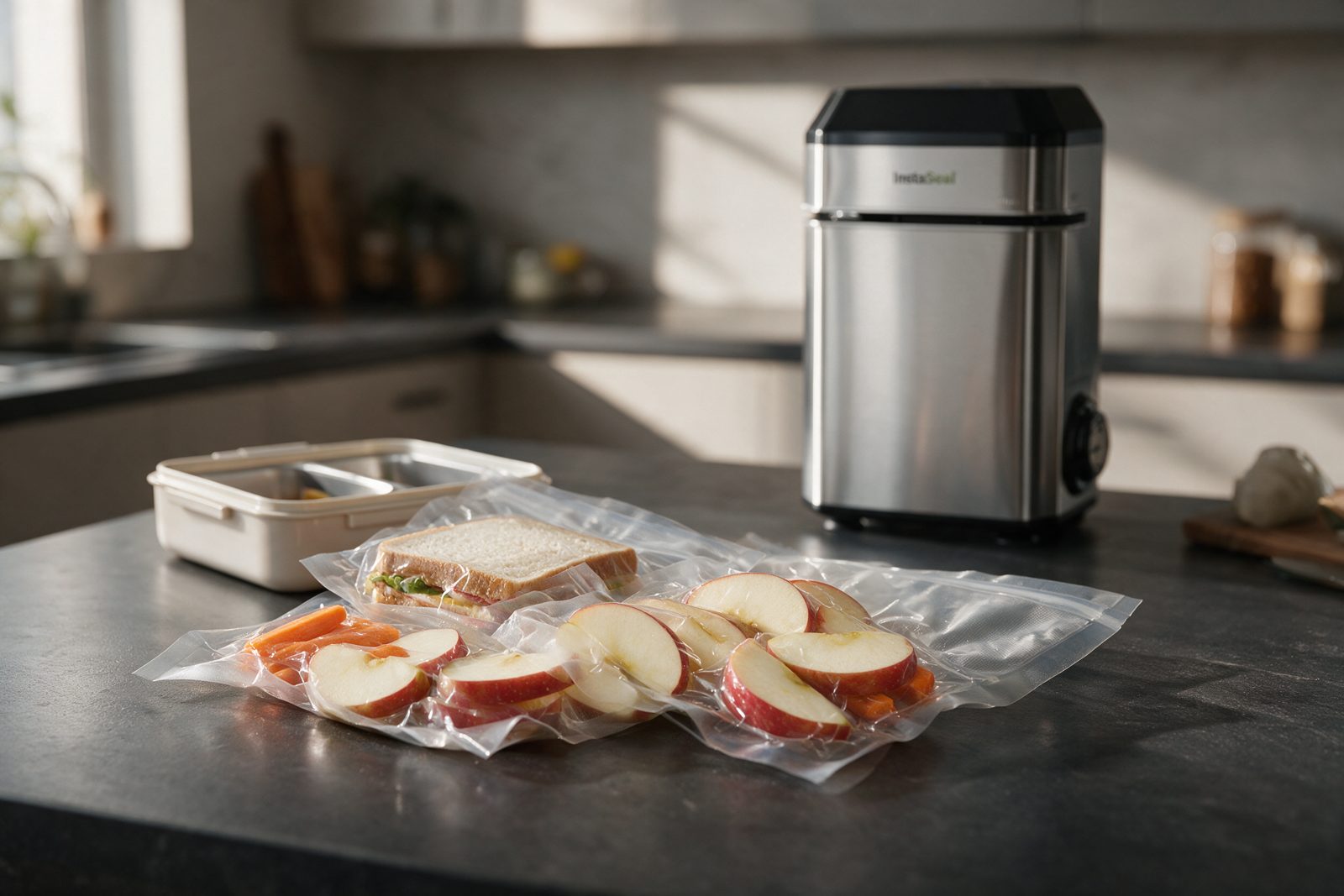 A packed lunch with sealed apple slices