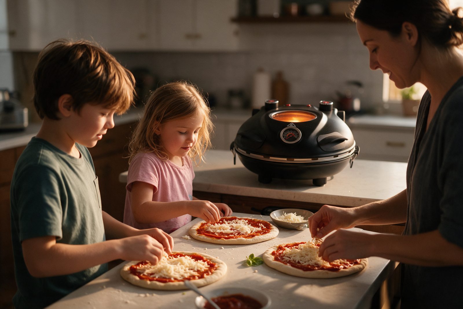 Family topping pizzas together