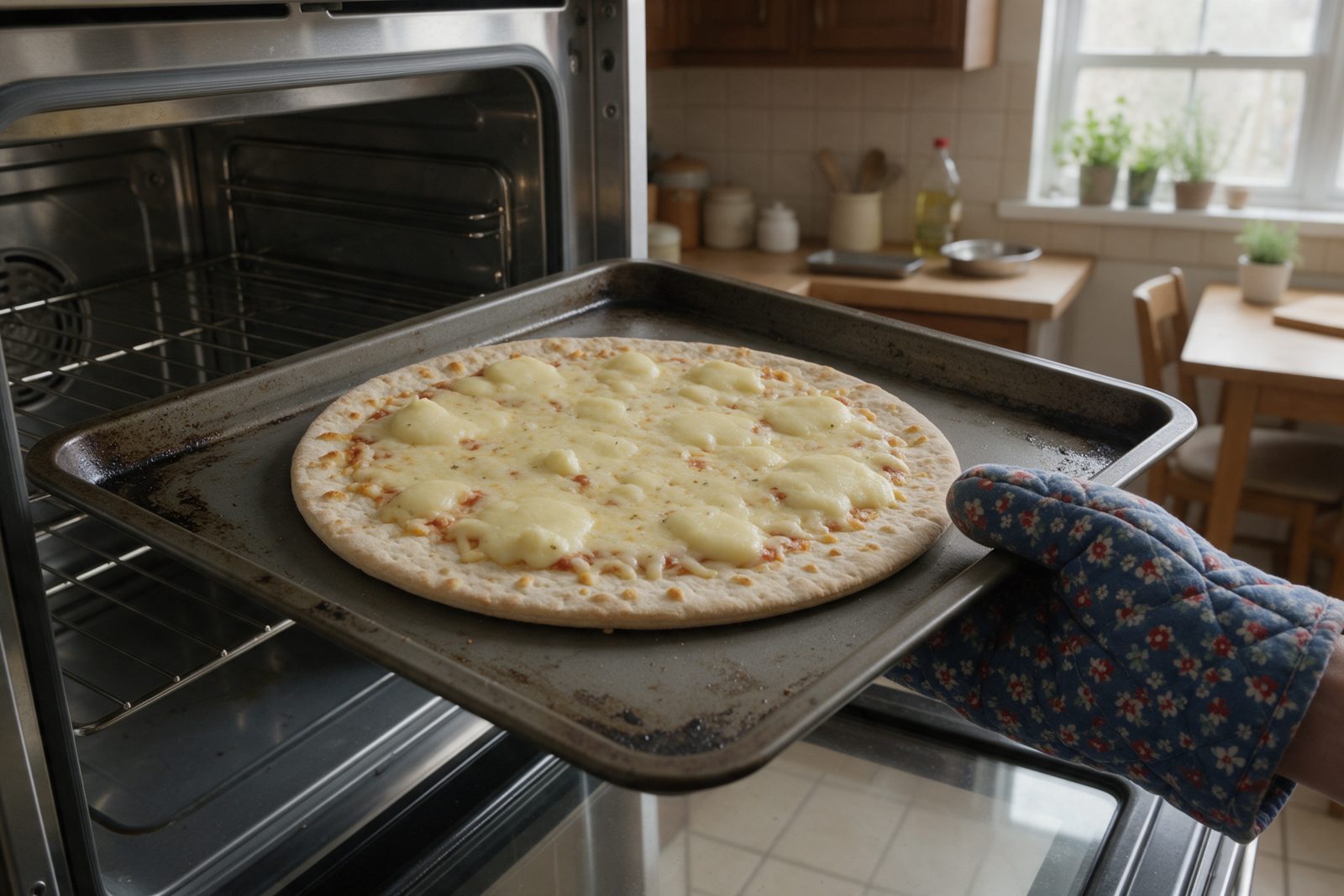 A pale frozen pizza on a baking sheet