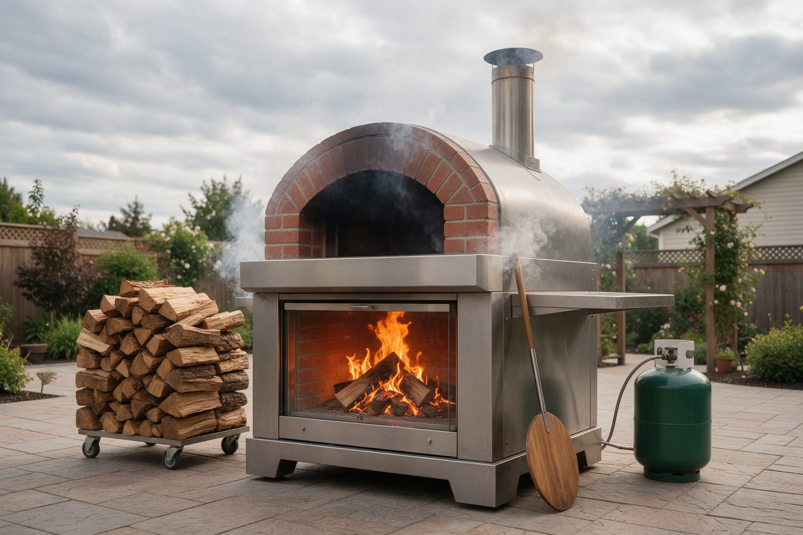 A large outdoor wood-fired pizza oven on a patio