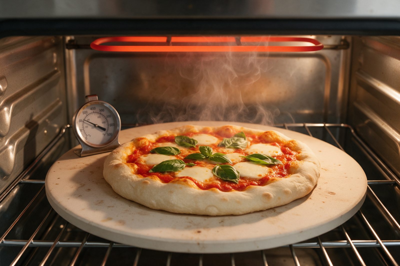 A pizza stone inside a conventional home oven