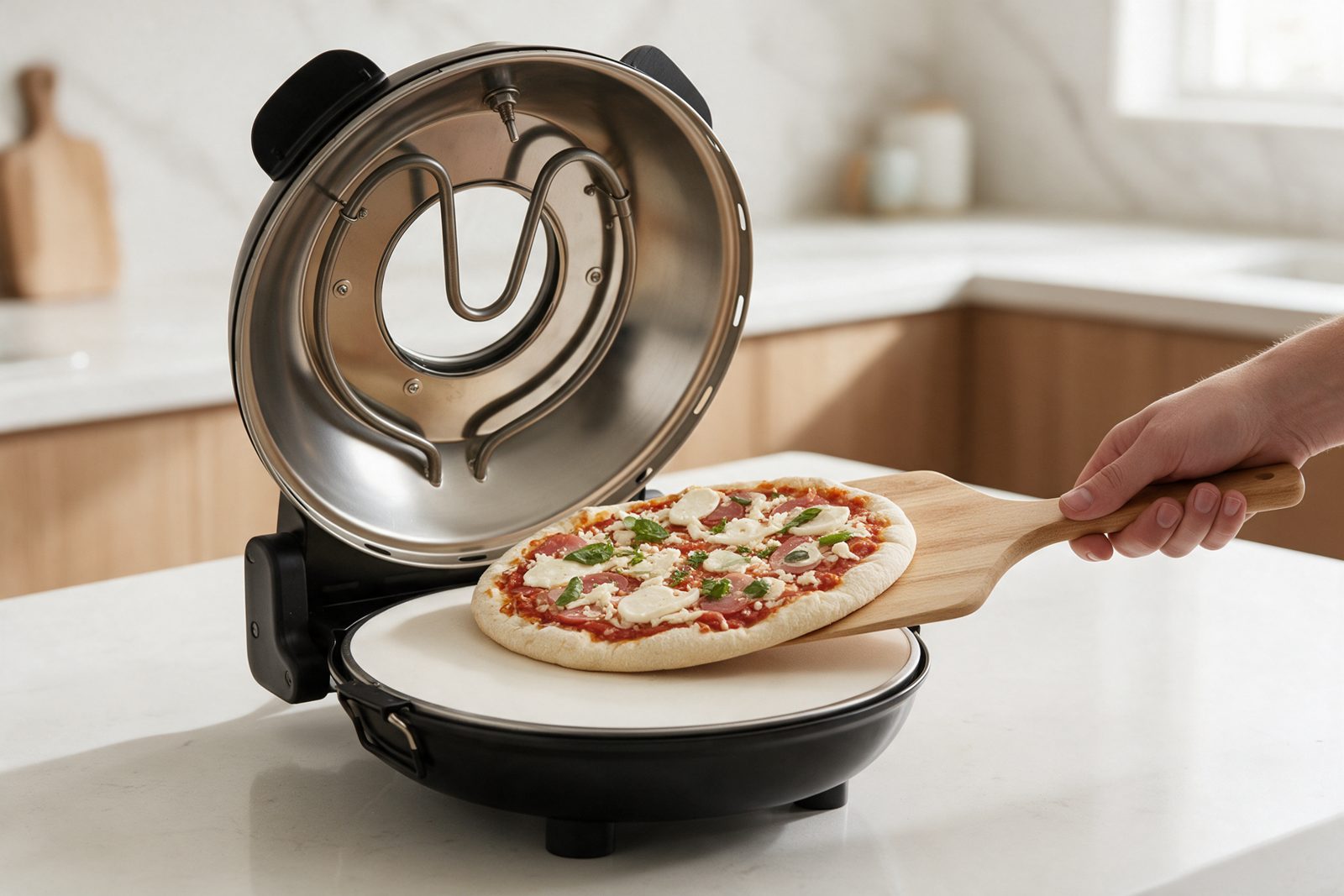 Sliding a pizza onto the hot stone