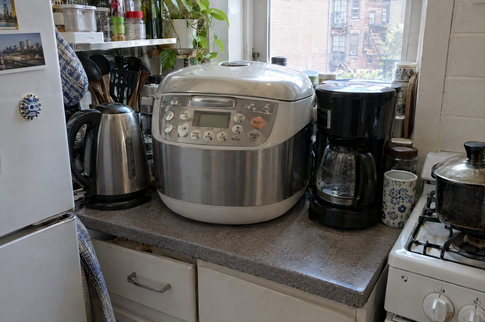 A large rice cooker crowding a small kitchen counter