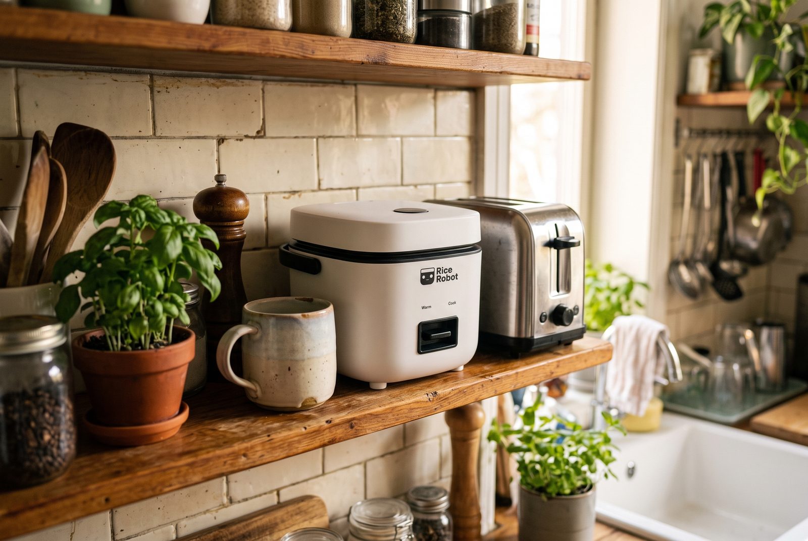 Rice Robot on a shelf next to a mug and a toaster