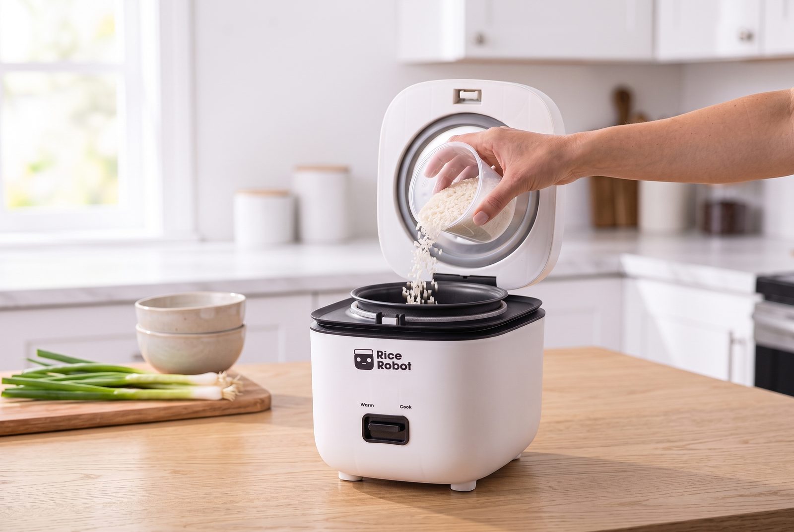 Pouring rice into the Rice Robot pot with the rice cup