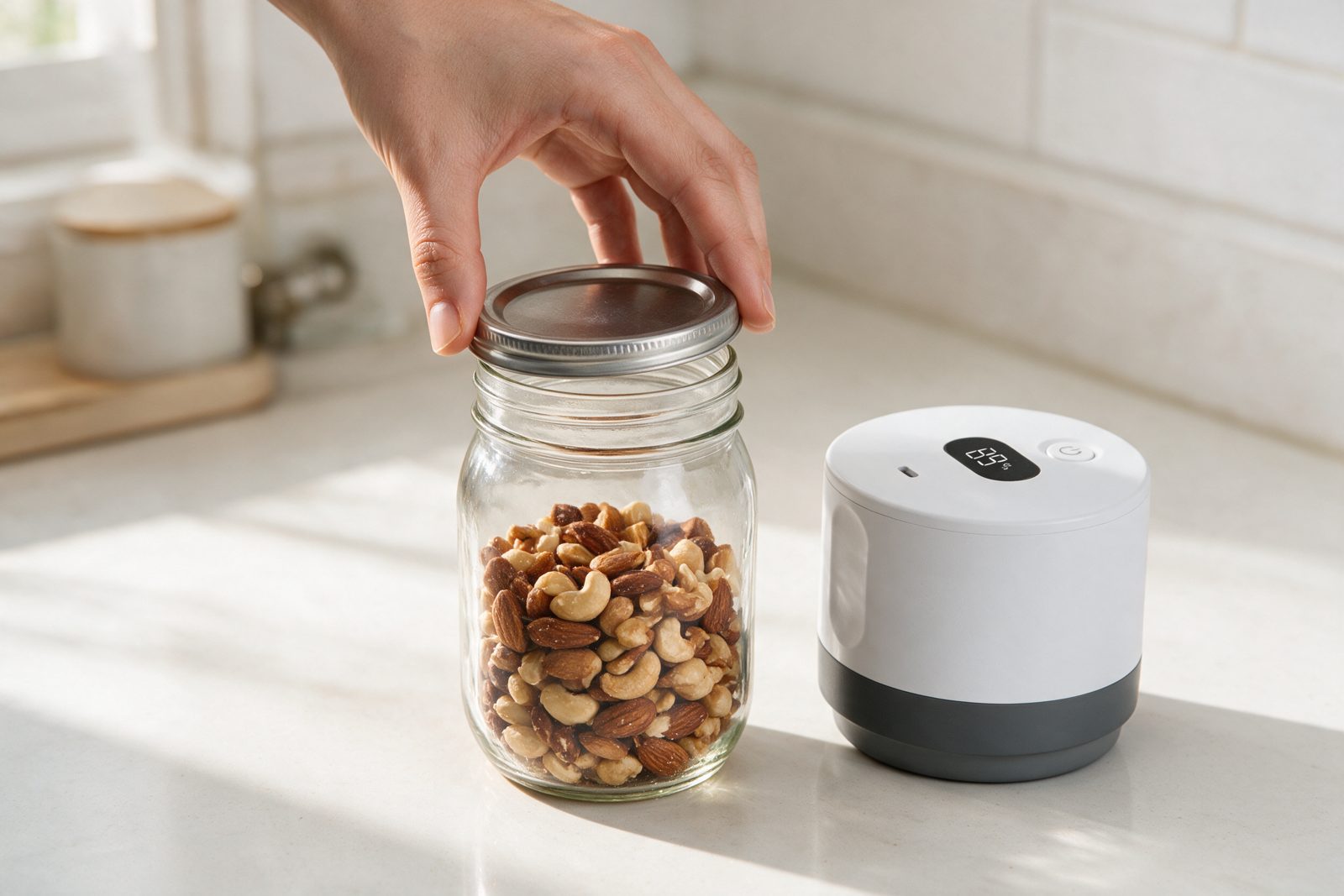 Placing a lid on a mason jar